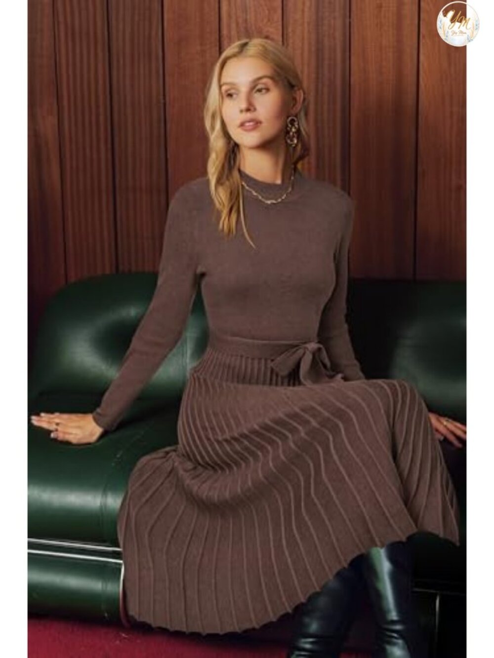 Wool Blend Mock Neck Pleated Sweater Dress Long Sleeve Business Casual - Picture 4 of 6